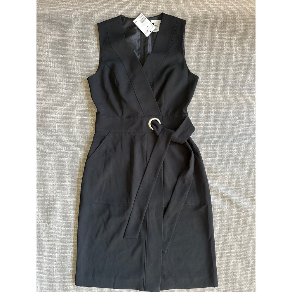 HM Womens Black Sleeveless Wrap Dress V-Neck Belted Grommet Pockets Size 6 NEW